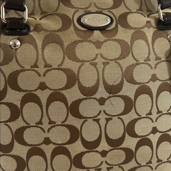 Coach Signature C Brown Canvas Leather Trim Zipper Closure Tote Shoulder Bag - Picture 2 of 13